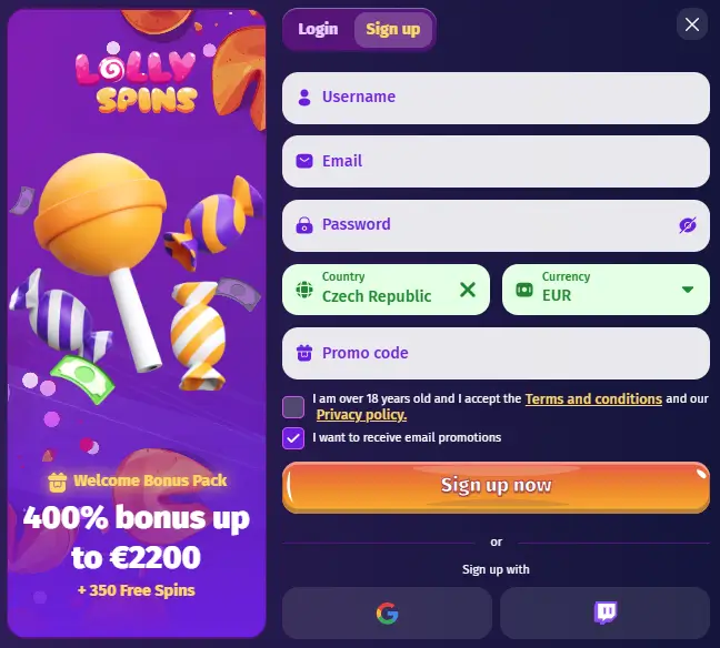 Registrace v Lolly Spins